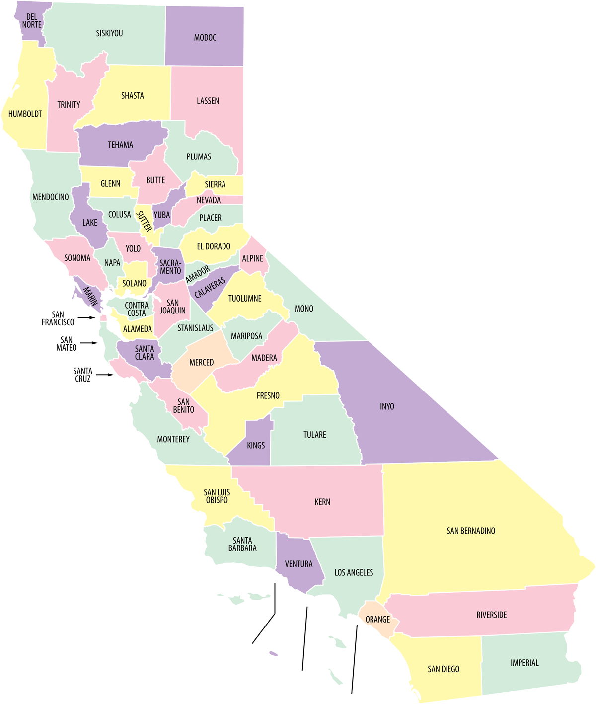 Labeled and colored map of California's 58 counties
